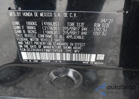 2021 Honda Hr-V Awd Lx from USA, damaged, VIN 3CZRU6H37MM739568